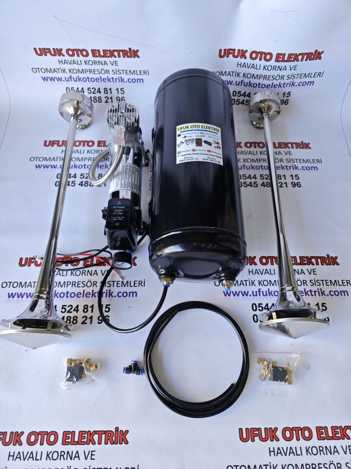 DEMMON OTOMATİK KOMPRESÖRLÜ CİFTLİ TEPE MARİN KORNA SETİ 15 LT - 24v (Tır--Kamyon--Otobüs--2 Akülü)