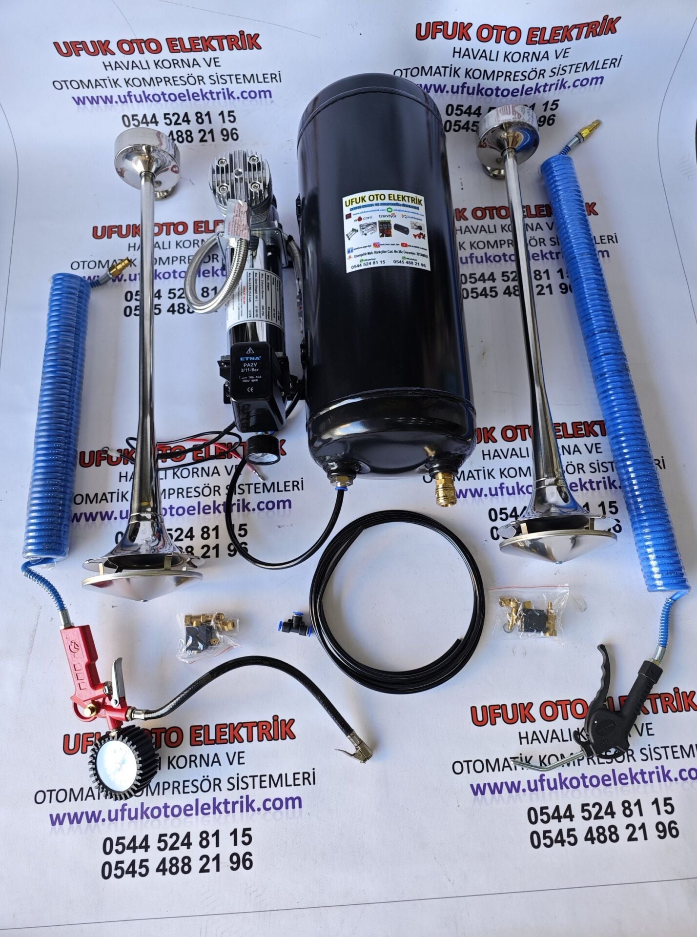 DEMMON OTOMATİK KOMPRESÖRLÜ CİFTLİ TEPE MARİN KORNA SETİ 15 LT FUL - 24v (Tır--Kamyon--Otobüs--2 Akülü)