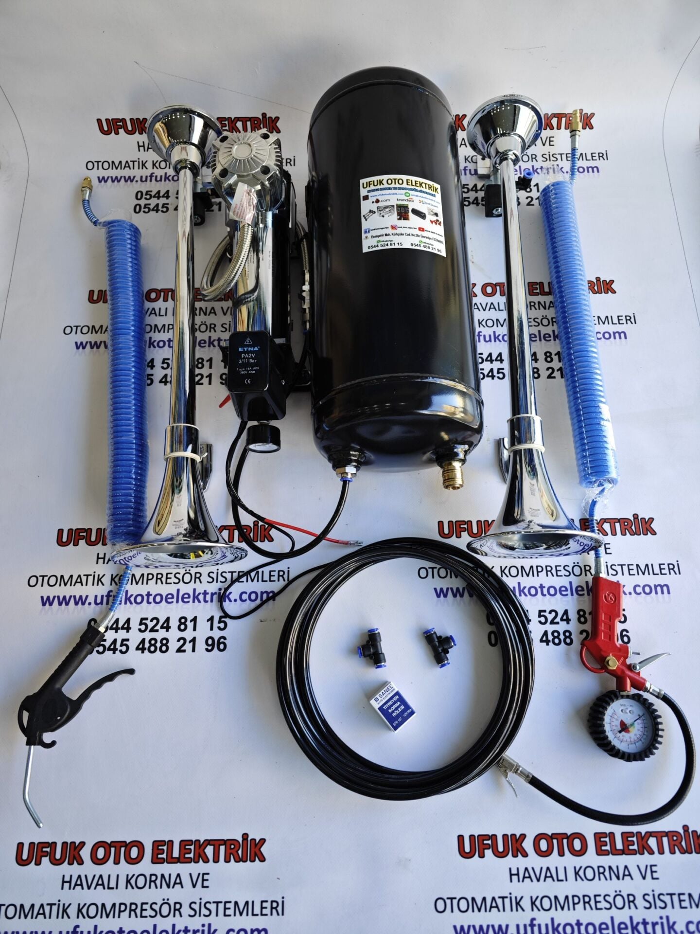 BÜYÜK KAFA OTOMATİK KOMPRESÖRLÜ CİFTLİ TEPE MARİN KORNA SETİ 15 LT FUL