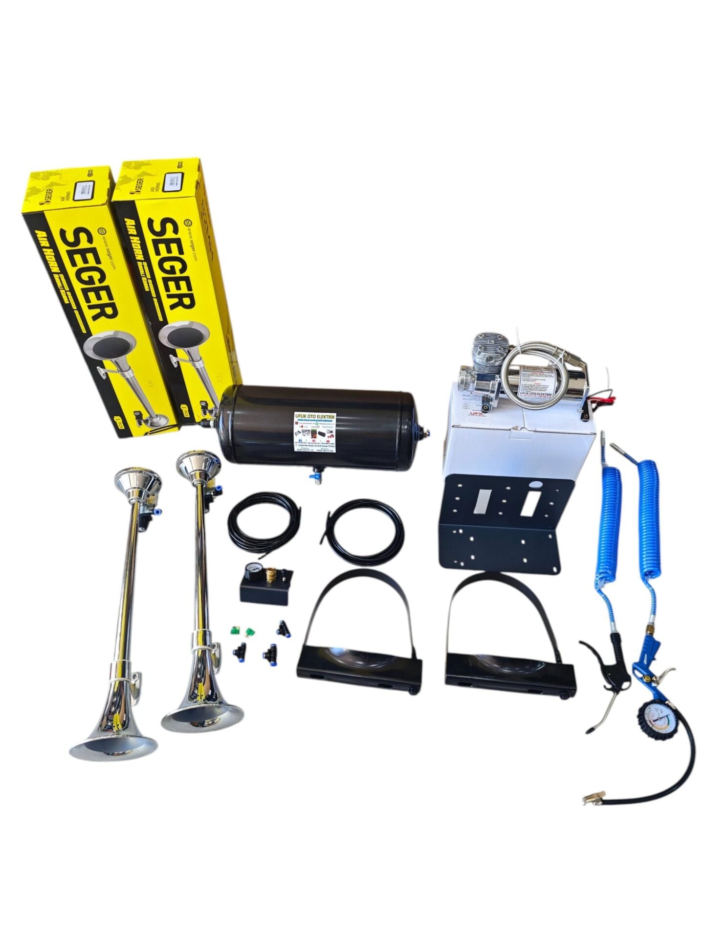 OTOMATİK KOMPRESÖRLÜ SEGER CİFTLİ TEPE MARİN KORNA SETİ 15 LT - 12v (Taksi--Traktör--Minibüs--Tek akü